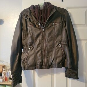 By Johnny Dark Brown Faux Leather Jacket with attached hoodie